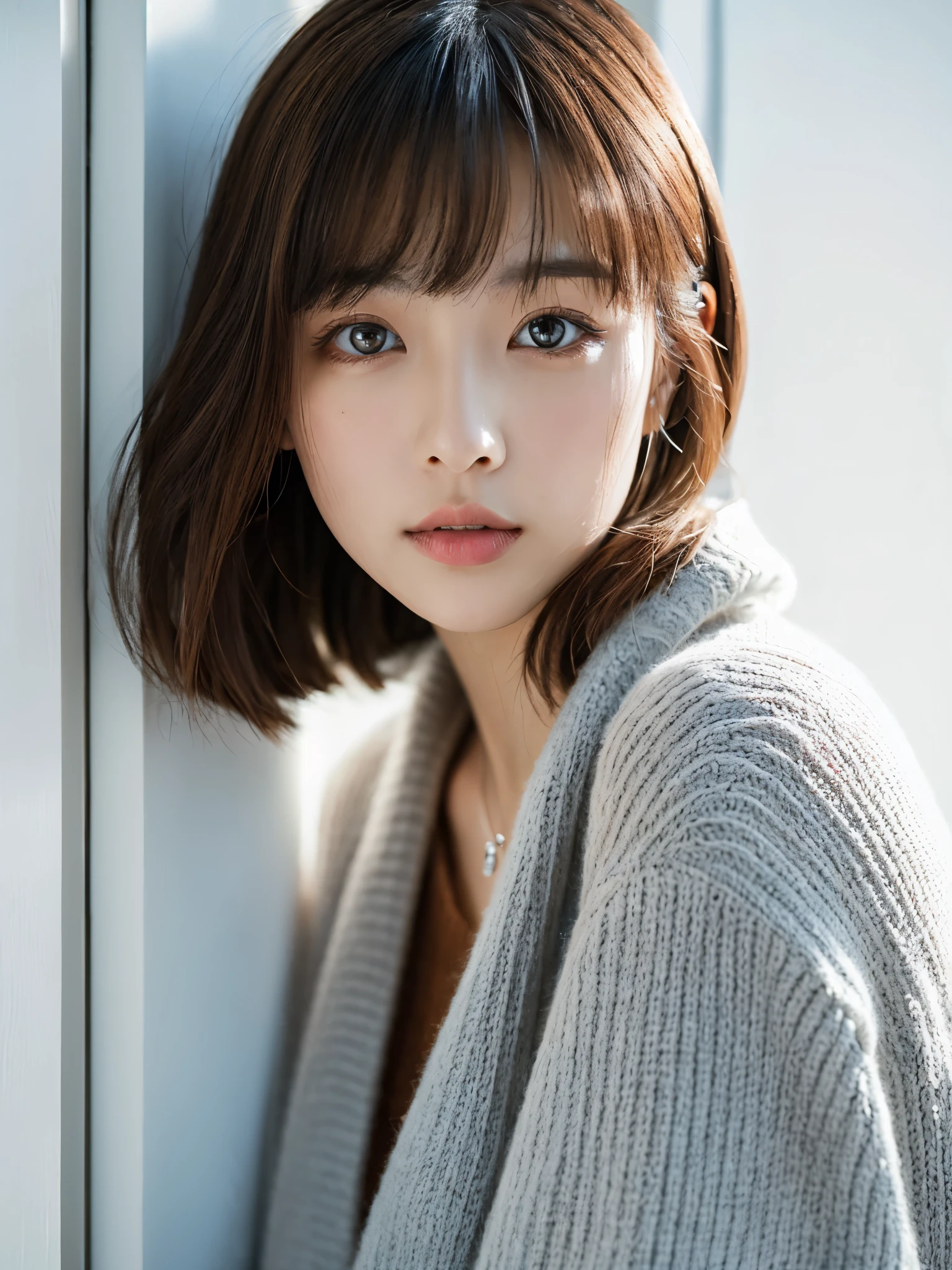 white wall、Taken in front of the white door、(A room with a white wall and a window)、shot in natural light、Highly detailed face and skin texture、highly detailed lips、correct state of the human body、Super high resolution、(Photoreal:1.4)、top quality, 1 beautiful woman, 28 years old, s, 100mm lens、Light Blue Knit、(Dark brown medium shorthair)、Japanese woman with bob、(dark brown hair)、Versatile poses、looking at the camera、natural color lip、Winter clothes、 necklace