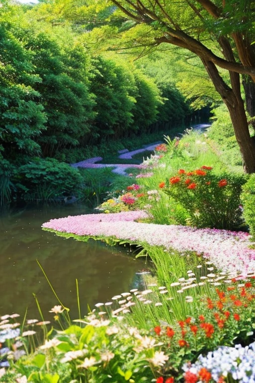 Renge Flower Path　階part　part々field　stream　Big cedar tree　There&#39;s not a single cloud in the blue sky
