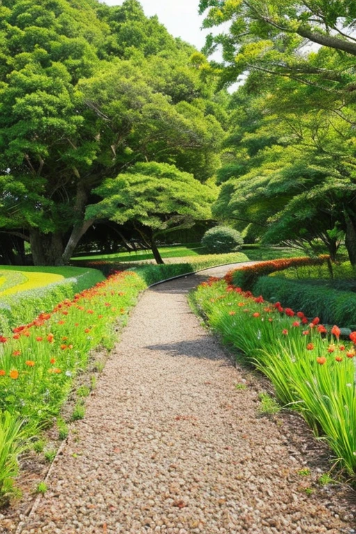 Renge Flower Path 階part part々field stream Big cedar tree There's not a single cloud in the blue sky