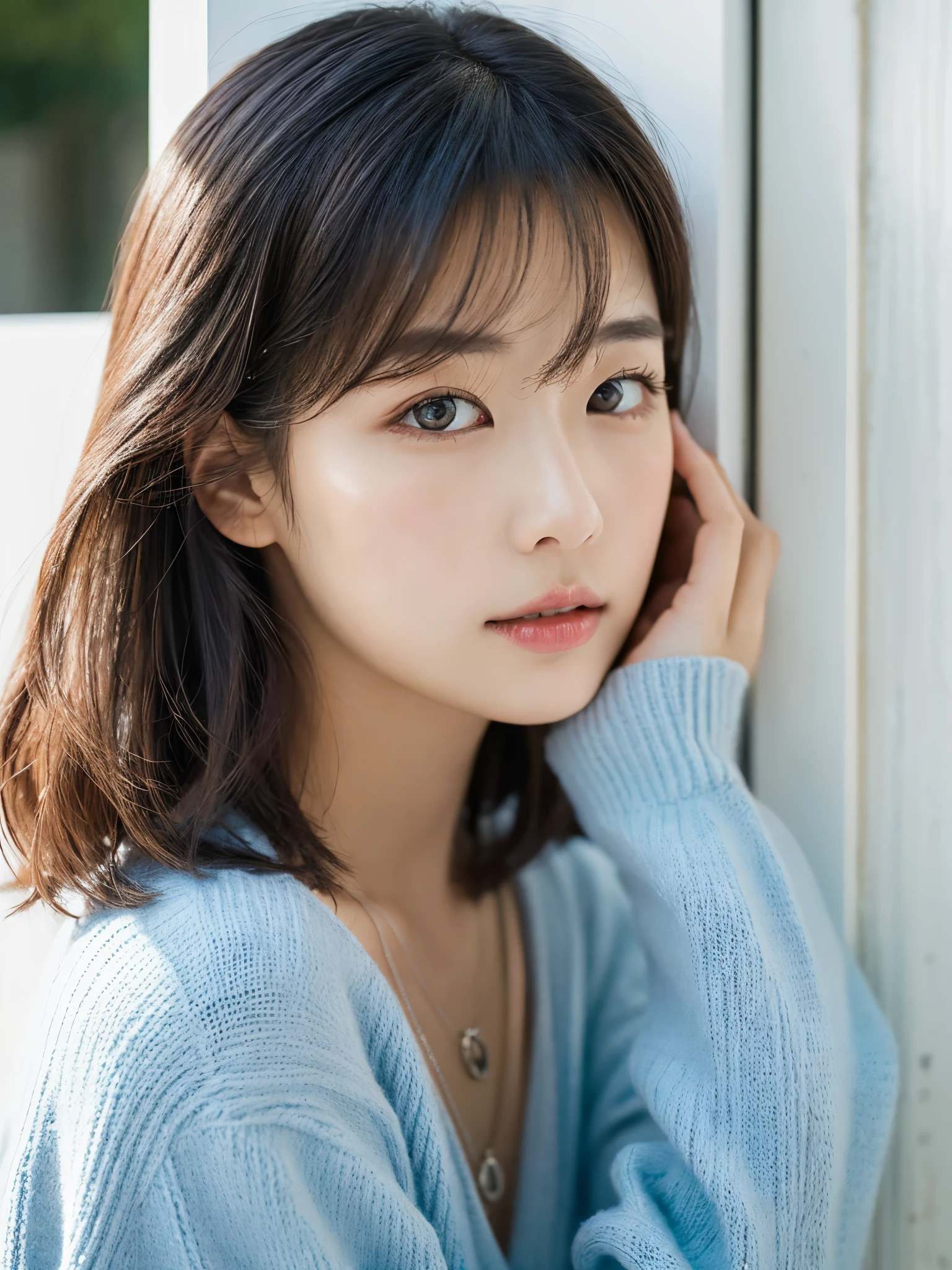 white wall、Taken in front of the white door、(A room with a white wall and a window)、shot in natural light、Highly detailed face and skin texture、highly detailed lips、correct state of the human body、Super high resolution、(Photoreal:1.4)、top quality, 1 beautiful woman, 28 years old, s, 100mm lens、Light Blue Knit、(Dark brown medium shorthair)、Japanese woman with bob、(dark brown hair)、Versatile poses、looking at the camera、natural color lip、Winter clothes、 necklace