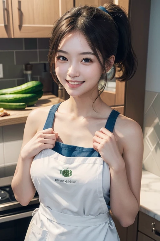 ((upper body, a woman in a kitchen. one cucumber held in both hands.  in front of his chest, the cucumber was splashed with condensed milk. cute smile)), her hand full with milk, beautiful eyes, beautiful girl, high detail skin, high detail eyes, high detail hair, highres, ultra detailed, sharpen picture, Highly detailed, masterpiece, best quality, photorealistic,
1girl, long hair, ponytail,  white apron with heart on chest