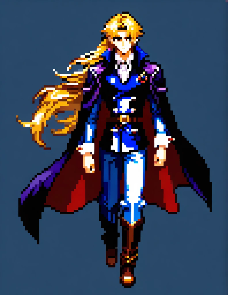 /imagine prompt:
color photo of a physically young man with long blond hair. His most recurring attire is from Castlevania: Symphony of the Night. He wears a black jacket with four square brooches running down the side seams, held together vertically. A belt cinches his waist, and a large white cravat adorns his neck. Over the jacket, he dons a long overcoat with a decorative pattern. His cape, reminiscent of Bela Lugosi's, flows gracefully behind him. In his hand, he holds a Sword, a cherished family heirloom. The scene is set in a dark, gothic environment, with towering castle spires and moonlit skies. The mood is mysterious and somber, with an air of enchantment. The camera captures the young man in a full-length, front view and side view, showcasing his charismatic presence. The image is captured with an RPG Maker aesthetic, in a pixel art style. The resolution is 32x32 pixels, with a limited color palette of 8 colors. The animation depicts the young man walking to the right, with 4 different poses representing different stages of the movement. The animation is smooth and seamless, capturing the fluidity and naturalness of his stride. The final image is exported in a suitable format for use in RPG Maker, ready to be implemented into a captivating platform game. The overall artistic style of the image is Bishōnen, highlighting the character's beauty and elegance. 

—c 10 —ar 2:3