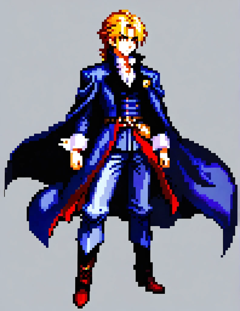 /imagine prompt:
color photo of a physically young man with long blond hair. His most recurring attire is from Castlevania: Symphony of the Night. He wears a black jacket with four square brooches running down the side seams, held together vertically. A belt cinches his waist, and a large white cravat adorns his neck. Over the jacket, he dons a long overcoat with a decorative pattern. His cape, reminiscent of Bela Lugosi's, flows gracefully behind him. In his hand, he holds a Sword, a cherished family heirloom. The scene is set in a dark, gothic environment, with towering castle spires and moonlit skies. The mood is mysterious and somber, with an air of enchantment. The camera captures the young man in a full-length, front view and side view, showcasing his charismatic presence. The image is captured with an RPG Maker aesthetic, in a pixel art style. The resolution is 32x32 pixels, with a limited color palette of 8 colors. The animation depicts the young man walking to the right, with 4 different poses representing different stages of the movement. The animation is smooth and seamless, capturing the fluidity and naturalness of his stride. The final image is exported in a suitable format for use in RPG Maker, ready to be implemented into a captivating platform game. The overall artistic style of the image is Bishōnen, highlighting the character's beauty and elegance.
—c 10 —ar 2:3