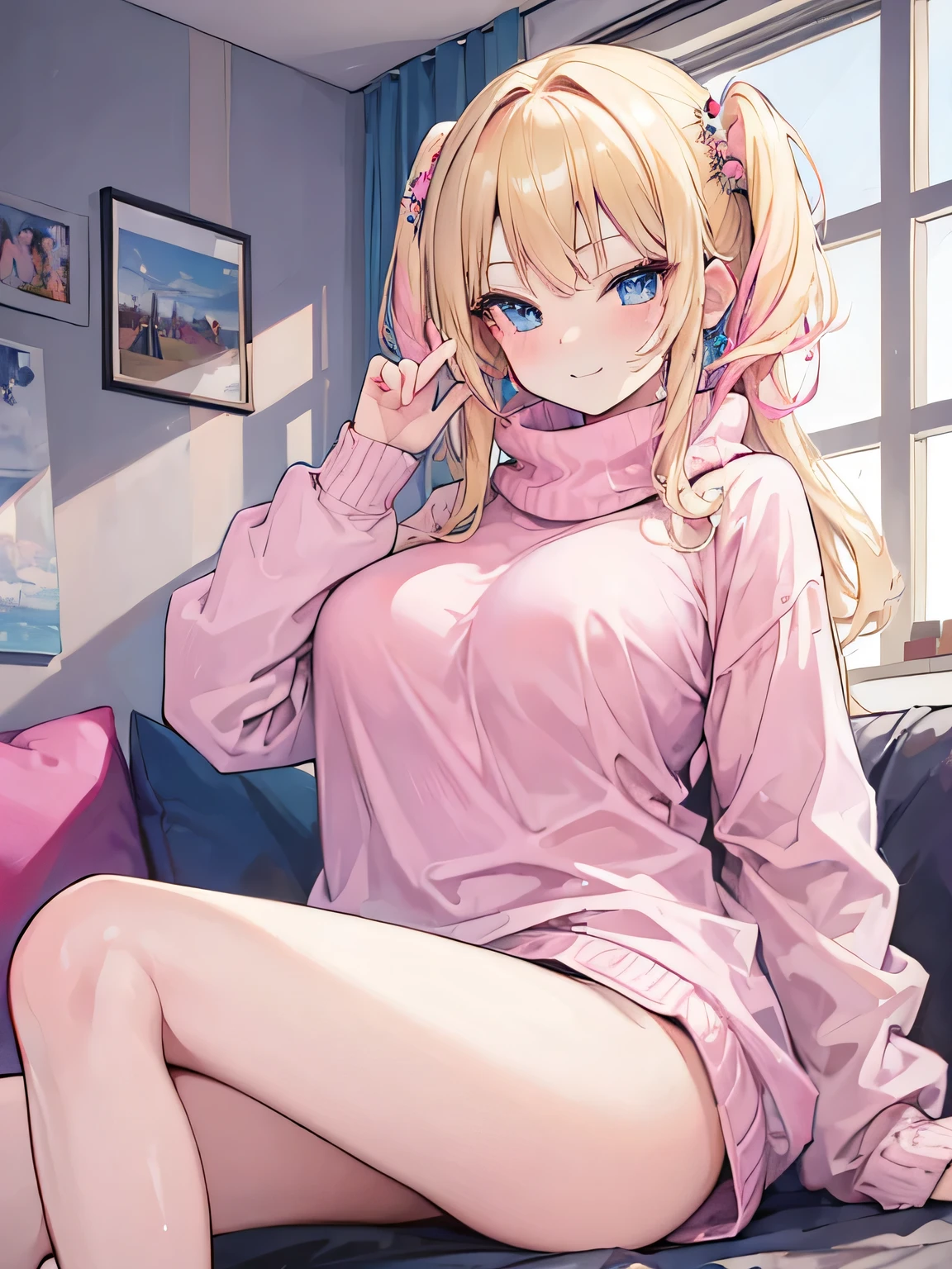 (masterpiece, best quality:1.4), 8k, Blonde gal gyaru Mature Smirking Happy Loud Outgoing anime girl with pink Highlights and Blue Eyes in the Livingroom wearing an Oversized Sweater  (detailed eyes and face, sharp pupils, realistic pupils:0.6)