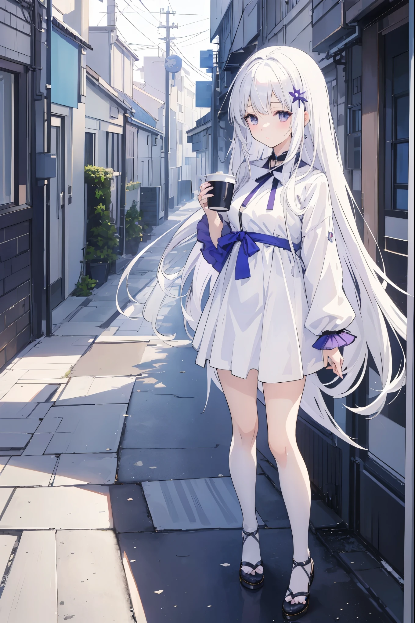 (ultra-detailed,highres,best quality:1.2),purple-eyed anime girl holding a cup,white-haired deity, Ayaka Kamisato's impact, silvery-white hair, inspired by the game "Blue Alley," smooth anime CG art, from "Girls' Frontline," today's featured anime still, Hajime Ayatani, anime still shot, Blue Alley style, anime visual of a cute girl, white-haired naked girl