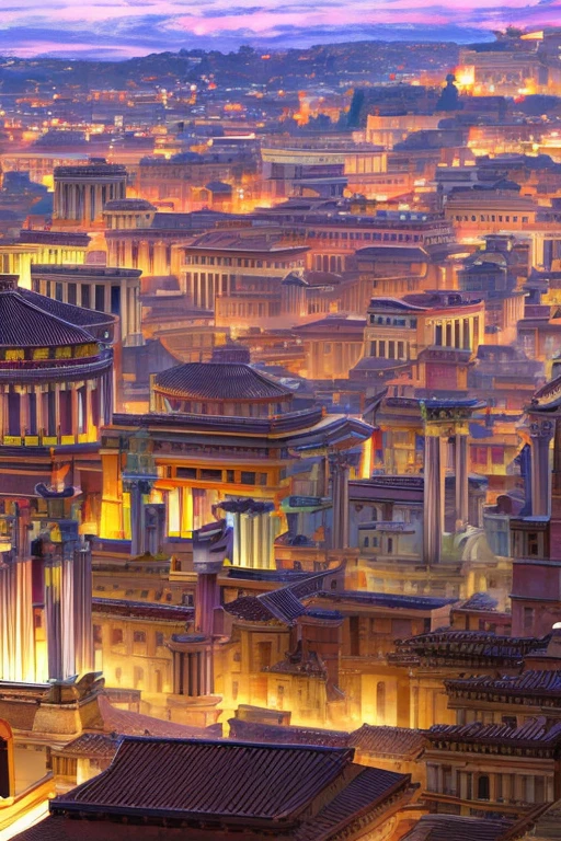 (masterpiece, best quality), expansive roman city, purple roofs, 