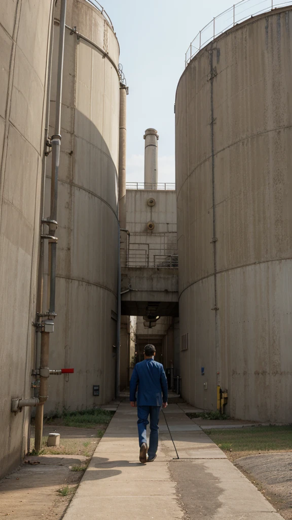 Make a picture realism style picture.there is a man walking down a walkway next to a building, 4 0 9 6, biroremediation plant, watertank, photoshoot, water to waste, footage, water-cooled, #green, pvc, gif, photo taken in 2 0 2 0, industrial plant environment, water reservoir, thirst, hdpe, piping, installation, vert coherent