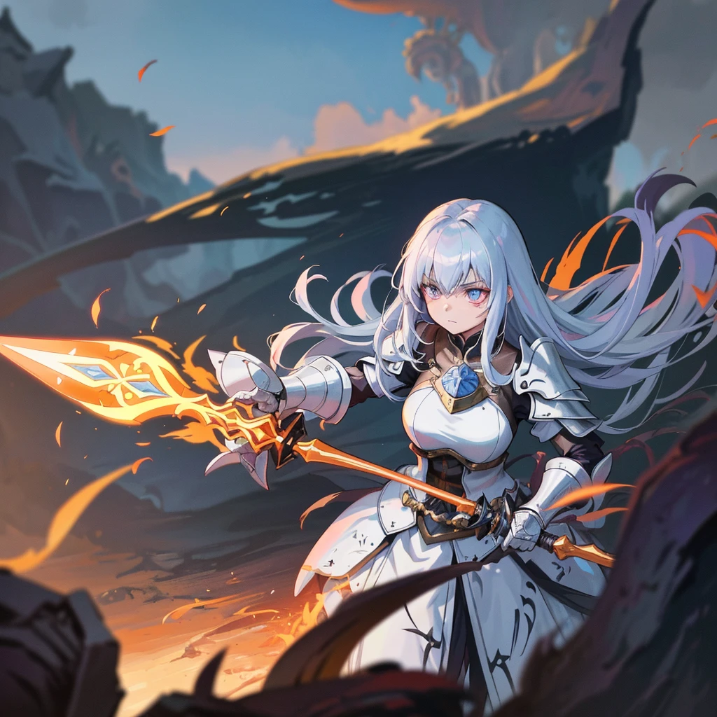 An anime girl with clearheaded demeanor and elder wisdom stood before a slime-covered battlefield. Dressed as a level upper warrior, she wielded a gleaming sword in one hand and a shield emblazoned with ancient symbols in the other. Her long, flowing hair caught the sunlight, contrasting with the dimly lit environment. With a determined look on her face, she prepared to face the swordsman approaching from the distance. His armor were tarnished with battle scars, and his eyes burned with the fire of a heated contest. The clear air was filled with the anticipation of their impending clash.