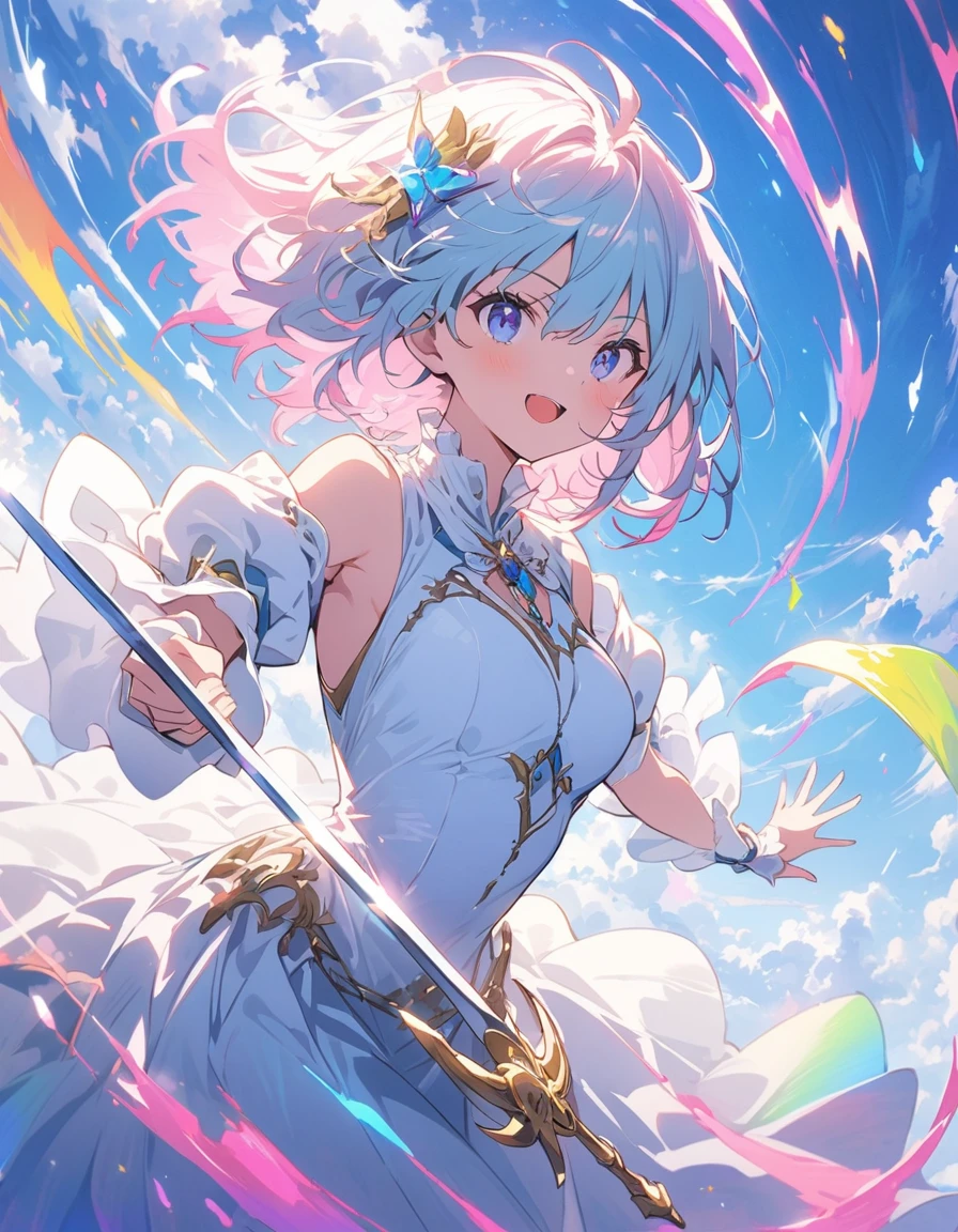 (masterpiece, highest quality:1.4), (Brother and sister:1.8、Handsome Men and Beautiful Women:1.4)、(1 boy、1 girl)、(Rapier in one hand)、(beautiful rapier)、(Stylish fantasy costumes)、Cinematic Light, colorful, High Contrast, an epic fantasy、Epic Battles、joint struggle、flash、(highest quality、masterpiece、High resolution、detailed)、animeスタイル、Flat Style、(eyes shining iridescent colors illuminated light,、detailedな美しい顔),  BREAK,extremely detailed、floating, (High saturation), Dynamic Angle、anime