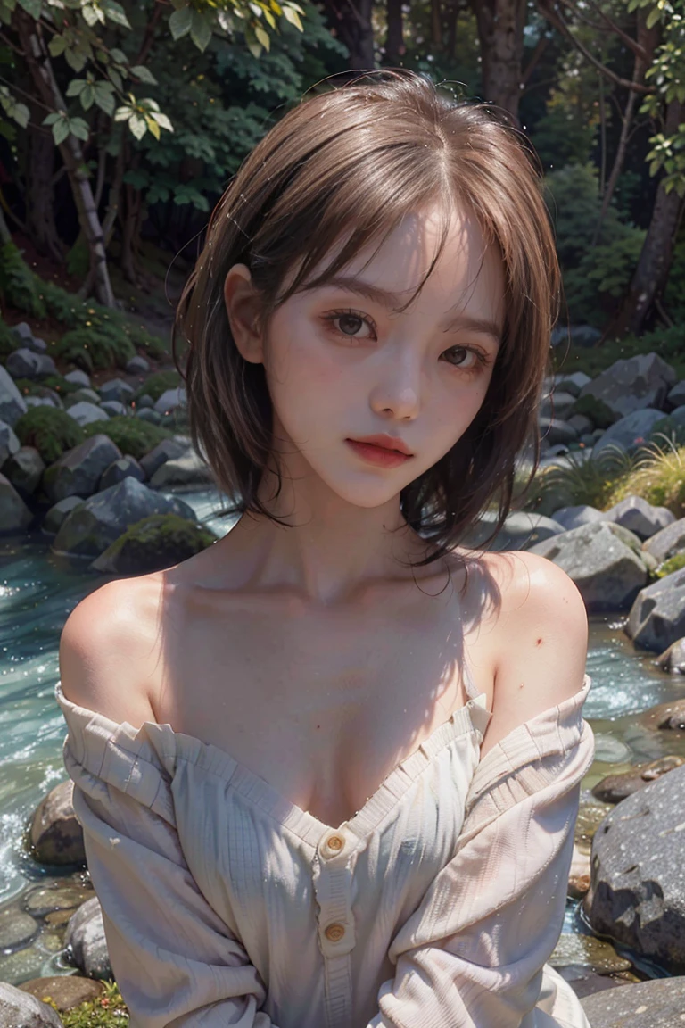 18-year-old beautiful girl，Square face joke，brunette color hair，cold light，closeup of face，mountain peaks，ln the forest，Hand pull flowers，small stream，grassy fields ，Stand next to the camellia，Hand pick a flower，A high resolution, naked portrait,  nude photography, shiny nipple 