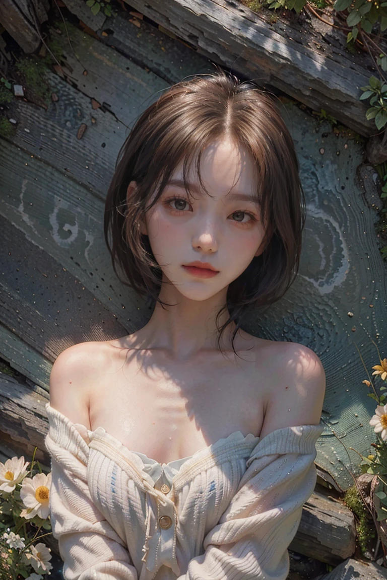 18-year-old beautiful girl，Square face joke，brunette color hair，cold light，closeup of face，mountain peaks，ln the forest，Hand pull flowers，small stream，grassy fields ，Stand next to the camellia，Hand pick a flower，A high resolution, naked portrait,  nude photography, shiny nipple 