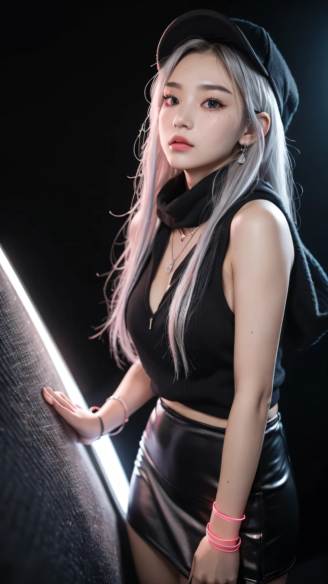 最high quality、Best image quality、masterpiece、girl((American、18-year-old、 By becoming、Best Bust、Medium Bust,Wide open breast tea、Red glowing eyes,Silver Hair、Disheveled Hair、Long Hair、thin,The highest valley、Luminous Wristbands、hat、hair ornaments、luminous necklace、Black sleeveless hoodie(1:2)、Blue short skirt、Disheveled clothing、Show the whole body,Low - Angle、Hacker-like、sweating、lure、Leaning against a wall、Black scarf、Have a smartphone、)),high quality、Beautiful art、background((Black Wall、Black Room、Black bed、Black TV、Black chair))、Flight、Flying debris、Written boundary depth、movie、Visual Arts、Perfect art、8K,Genuine,