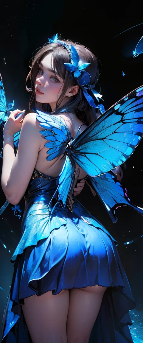 ((masterpiece, highest quality, Best image quality, High resolution, Realistic, RAW Photos, 8k)), ((Highly detailed CG synthesis 8k wallpaper)), A blue butterfly dancing in the starry sky, Giant butterfly wings seen from behind, (Blue Glowing Wings), Blue wings shining in the dark night, Fluttering summer dress,