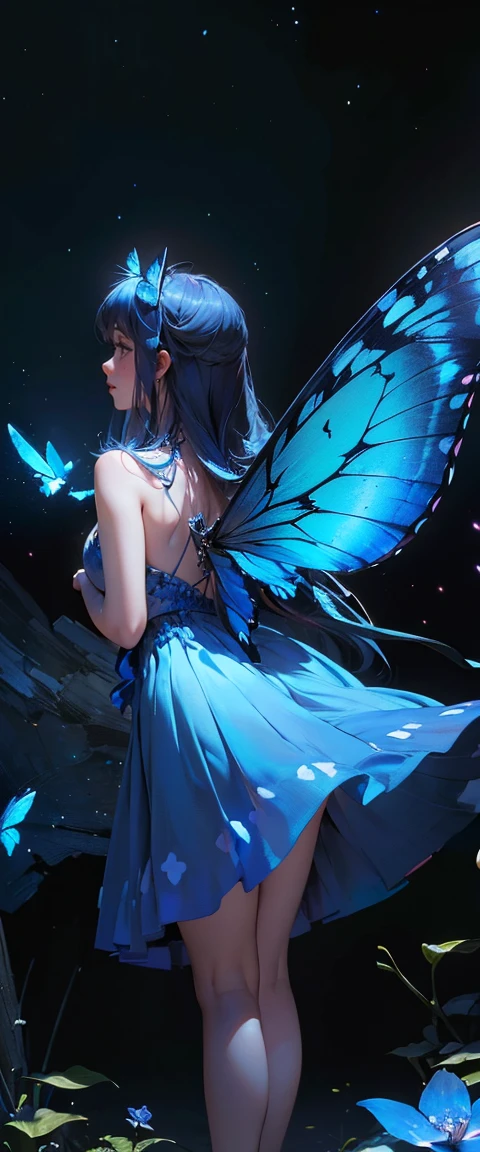 ((masterpiece, highest quality, Best image quality, High resolution, Realistic, RAW Photos, 8k)), ((Highly detailed CG synthesis 8k wallpaper)), A blue butterfly dancing in the starry sky, Giant butterfly wings seen from behind, (Blue Glowing Wings), Blue wings shining in the dark night, Fluttering summer dress,