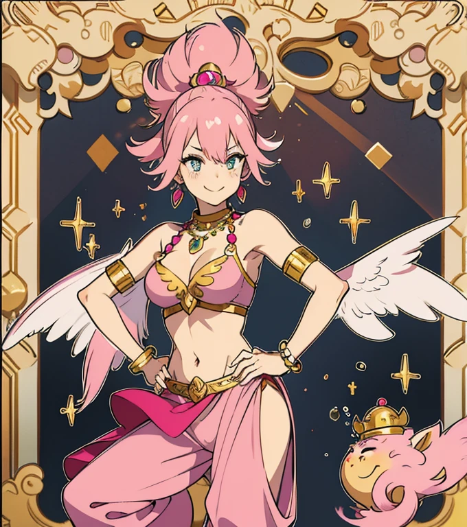 A smug narcissistic pink haired genie woman wearing a golden bra and pink puffy harem pants and lots of jewelry flaunting herself