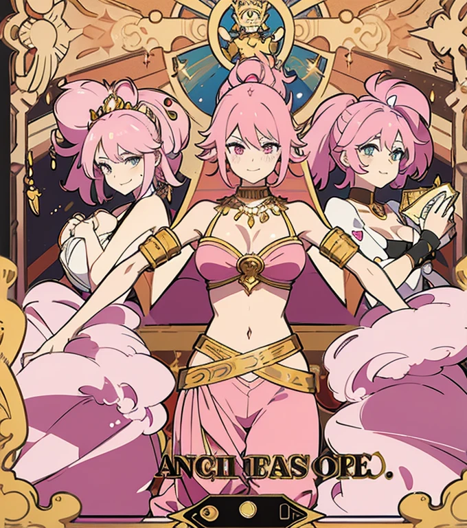 A smug narcissistic pink haired genie woman wearing a golden bra and pink puffy harem pants and lots of jewelry flaunting herself