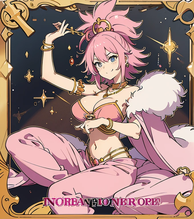 A smug narcissistic pink haired genie woman wearing a golden bra and pink puffy harem pants and lots of jewelry flaunting herself