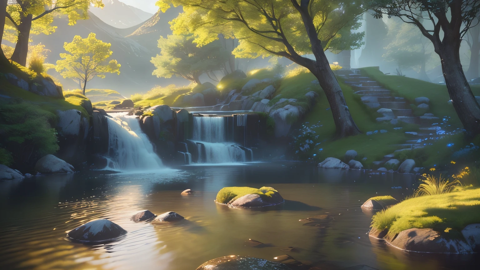 A serene place, very pleasant, beautiful, calm and beautifully landscaped. photorealistic, 8k uhd, studio quality, ultra realistic, maximum detail, large scale, postprocessing, photorealistic, photorealistic, photoshop, photography, detailed, cinematic lighting, landscape, panorama, scenery, ray tracing, cinema4d