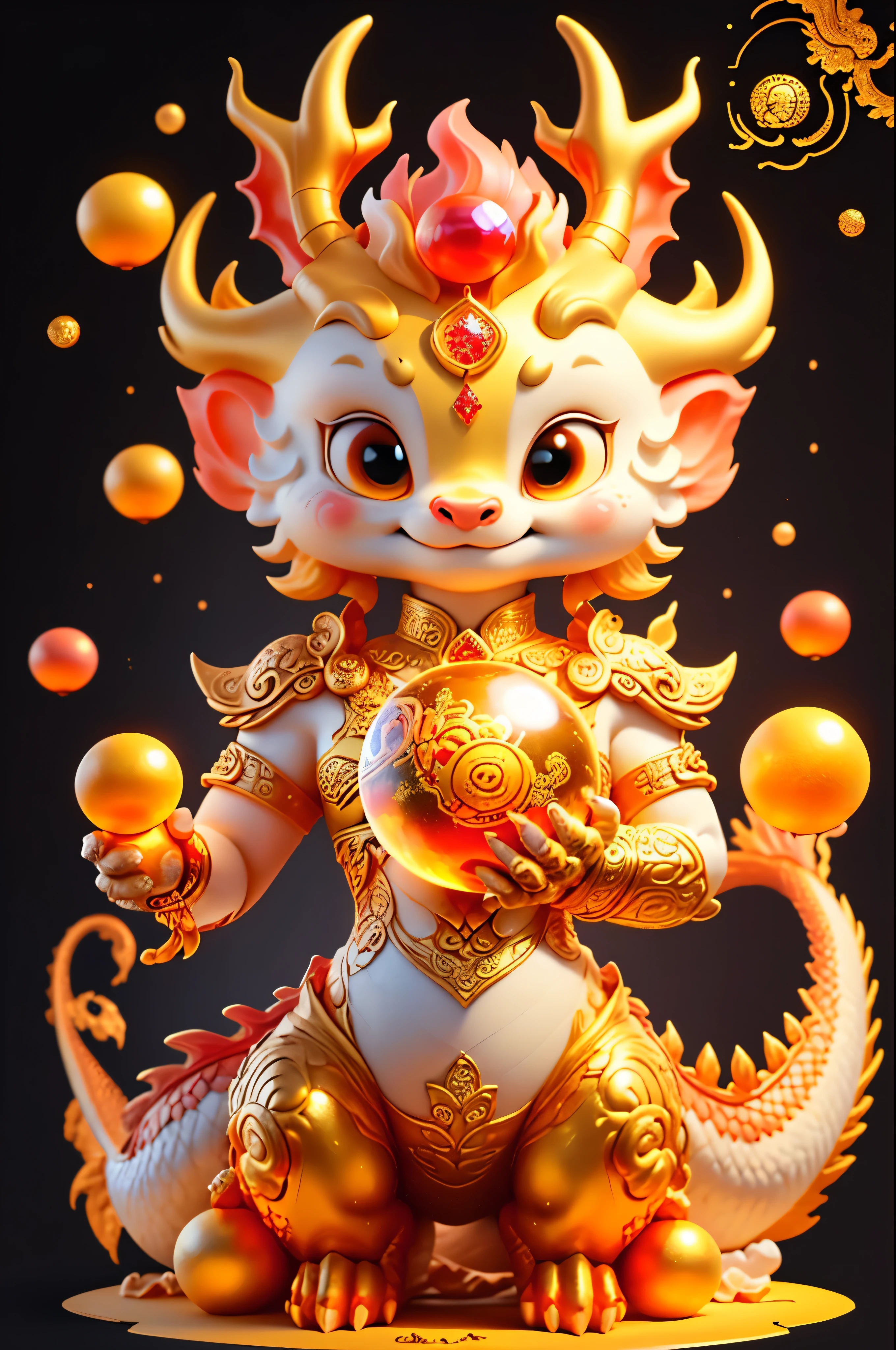 golden asian dragon holding a crystal ball on black background illustration, in the style of kurt wenner, sculpted, detailed character illustrations, artgerm, intricately sculpted, hd, cambodian art