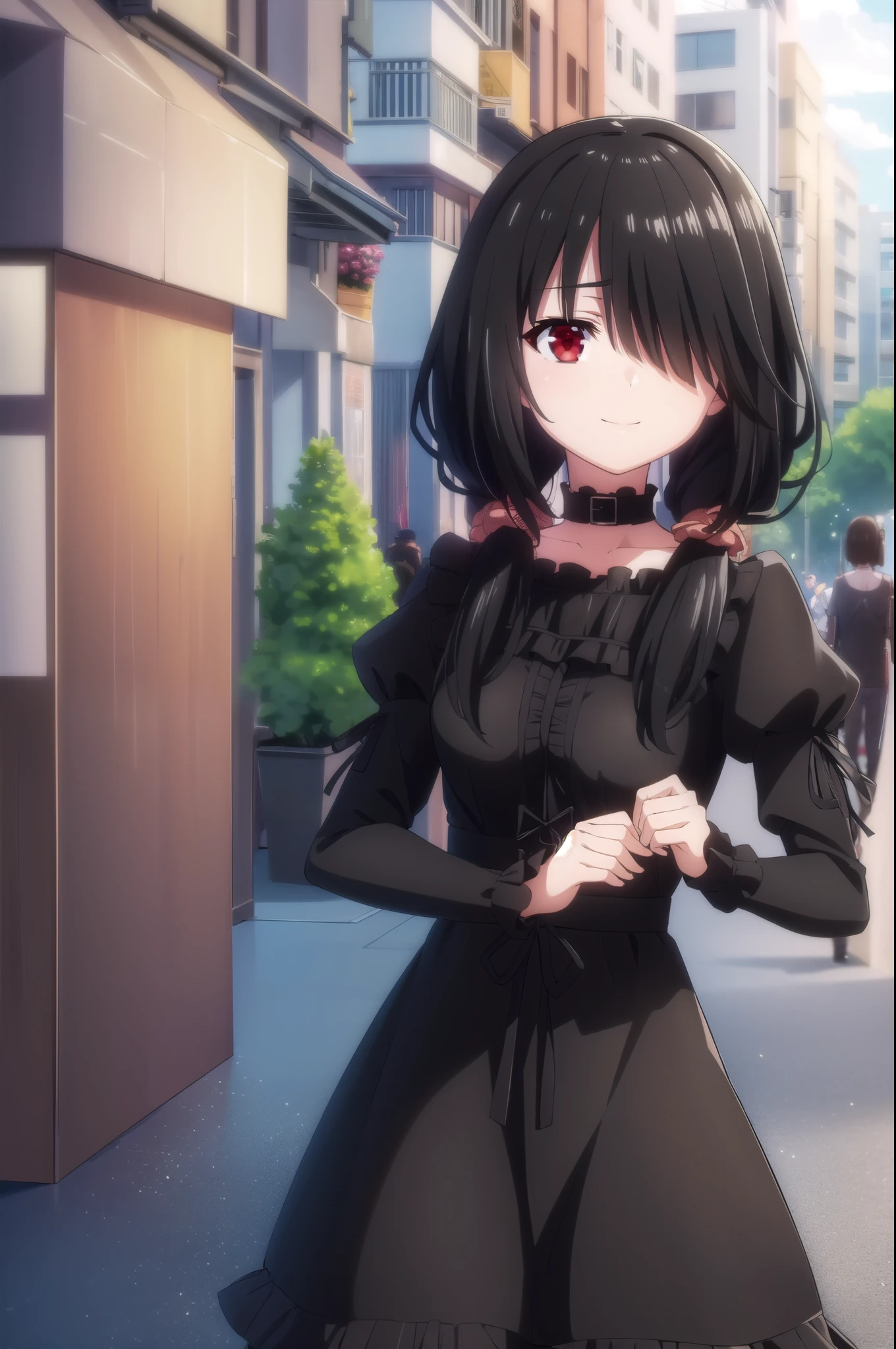 kurumitokisaki, kurumi tokisaki casual, (tokisaki kurumi:1.2), long hair, black hair, (red eyes:1.3), long sleeves, dress, pantyhose, (hair over one eye:1.5), (black dress:1.5), black pantyhose, (puffy sleeves:1.5), choker, collarbone, skirt, black skirt, flowers, hair flowers, purple flowers, twintails, low twintails, smile,
BREAK ,
BREAK outdoors, city, building, sky, sun, clouds, people, crowd,
BREAK looking at viewer, (cowboy shot:1.5),
BREAK (masterpiece:1.2), best quality, high resolution, unity 8k wallpaper, (illustration:0.8), (beautiful detailed eyes:1.6), extremely detailed face, perfect lighting, extremely detailed CG, (perfect hands, perfect anatomy), big boobies, horney style
