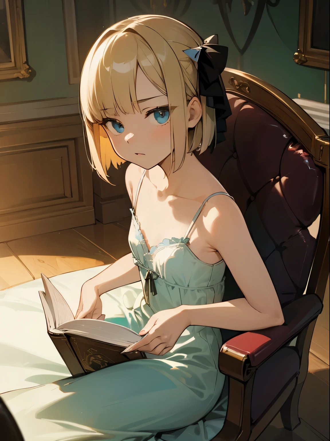 Reines, 1girl, high quality, best quality, illustration, masterpiece, (highly detailed:1.2), (extremely detailed:1.3), camisole, lingerie, bare shoulders, transparent, young girl, string ribbon, , , sitting on chair, in a house, flat chest, (children:1.2), children reading a book, short hair, selfie