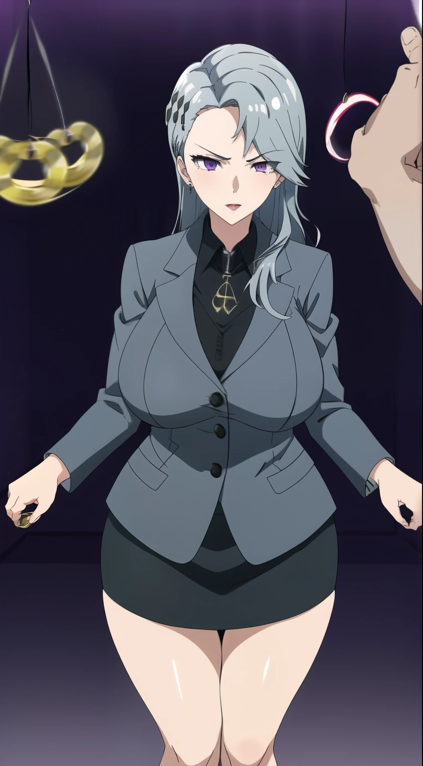 masterpiece, 1 girl, alone, Shortcuts, , Niijima Sae (Person 5)、Big Breasts, Mature Woman, Glare,Sharp Eyes, Silver Hair、Lilac eyes, Black office suit,Black tight skirt, Pose standing thigh sex,Thick thighs, Hypnosis Pendulum,Hypnotic state, Hypnosis Pendulum / Coin on String / Saimin