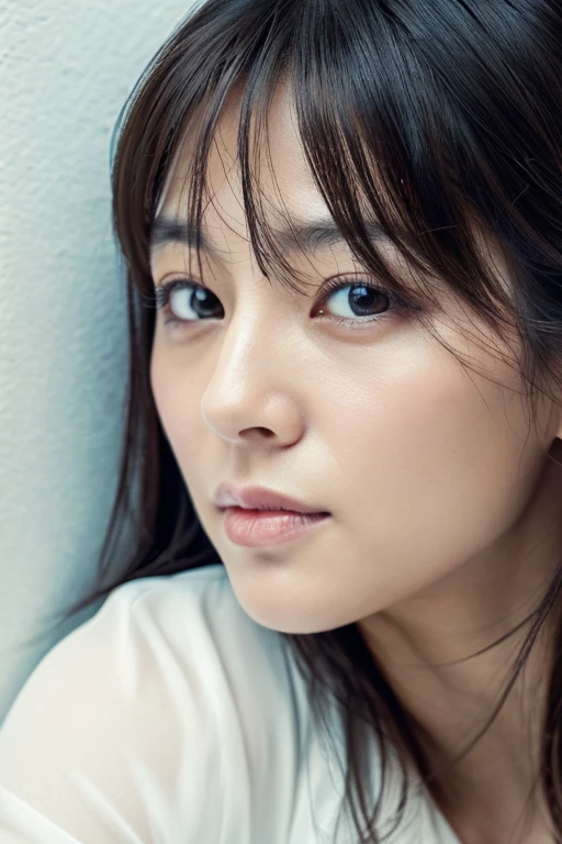 (Highly realistic photos, High resolution, Detailed face, Beautiful Eyes), Photographed in front of a white wall、Japanese women, 40 years old, I'm pointing my finger at this、,Serious expression, alone, ((ponytail、Updo, short hair)), White skin, light makeup, Chest 40 inches, Ample breasts、Wearing a grey knitted dress,Wearing a V-neck dress,Serious expression、White wall background, Full body portrait, 超High resolution、Bright white light illumination