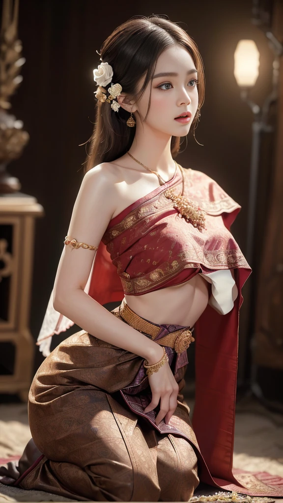 (raw photos:1.2), (realistic:1.4), (Masterpiece:1.3), (best quality:1.4), Ultra high resolution, (Detailed eyes), (Detailed facial features), (Detailed clothing features), HDR, 8K resolution, Focus only, Dressing according to Thai tradition, Traditional shawl , 1 woman , big breasts, A gigantic rift, big breastsดันเสื้อผ้า, big breast, The breasts are fully grown.., Make your breasts bigger.., small waist, Long legs, Facing the audience, Full body, depth of field, Cinema-grade lighting system, big breasts,  Too big for your body, Revealing a flat stomach, The lower half of the chest can be seen.., sexy sitting position, Image from a very low angle