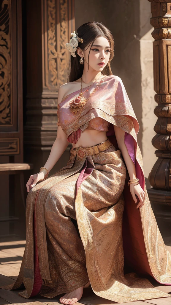 (raw photos:1.2), (realistic:1.4), (Masterpiece:1.3), (best quality:1.4), Ultra high resolution, (Detailed eyes), (Detailed facial features), (Detailed clothing features), HDR, 8K resolution, Focus only, Dressing according to Thai tradition, Traditional shawl , 1 woman , big breasts, A gigantic rift, big breastsดันเสื้อผ้า, big breast, The breasts are fully grown.., Make your breasts bigger.., small waist, Long legs, Facing the audience, Full body, depth of field, Cinema-grade lighting system, big breasts, Too big for your body, Revealing a flat stomach, The lower half of the chest can be seen.., sexy sitting position, Image from a very low angle