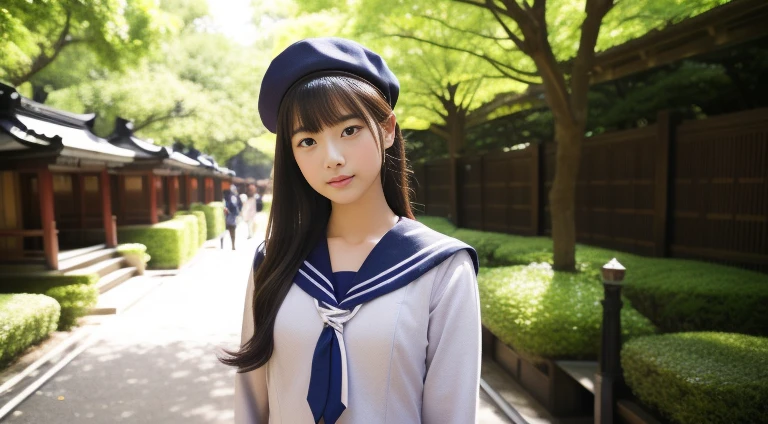 Mix 4, (16K, Raw photo, Best image quality, masterpiece: 1.45), (Realistic, Photorealistic: 1.37), One Girl, 7．5, wait、Random Hairstyles、Standing posture，Noon time slot、Dress neatly、very cute, Shrine grounds,, Professional Lighting, Photon Mapping, garden、Physically Based Rendering, Gradient dark brown hair,, Handsome, Beautiful, well-groomed eyes、Big double eyelids、Very shiny、With a girl, (((school uniform、日本の女子生徒が着用するLong sleeve sailor suit、red cuffs、Dark blue mini skirt, Small grey beret、Dark blue knee-high socks、Black Loafers))), Highest quality photos, High resolution, 1080p, (Clear Face), (Detailed face description), (Detailed hand description), (masterpiece), (Exquisite CGI)、Extreme light and shadow、Disheveled Hair、Masterwork、Rich details、(Beautiful Faces)、(Highest quality photoasseter muscle area)、(Detailed eyes)、Look in front of you、Thin clavicle、((Slim and large))、(((Long sleeve sailor suitを着た日本:0.7)))、((Lady Idol System))、((Shrine grounds、torii、Tesuisha、all of))、(Shot from random perspectives)、(((It&#39;s cute anyway)))、耳Nipple Ring、Big smile、Drawing the whole body from the knees、No nasolabial folds、(((Long sleeve sailor suit)))、(big sagging breasts:1.2)、Firm big ass、Two arms and two legs、(((from the front:0.7)))、bare hands、No mask、