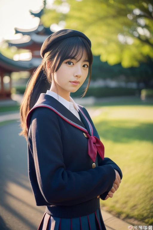 Mix 4, (16K, Raw photo, Best image quality, masterpiece: 1.45), (Realistic, Photorealistic: 1.37), One Girl, 7．5, wait、Random Hairstyles、Standing posture，Noon time slot、Dress neatly、very cute, Shrine grounds,, Professional Lighting, Photon Mapping, garden、Physically Based Rendering, Gradient dark brown hair,, Handsome, Beautiful, well-groomed eyes、Big double eyelids、Very shiny、With a girl, (((school uniform、日本の女子生徒が着用するLong sleeve sailor suit、red cuffs、Dark blue mini skirt, Small grey beret、Dark blue knee-high socks、Black Loafers))), Highest quality photos, High resolution, 1080p, (Clear Face), (Detailed face description), (Detailed hand description), (masterpiece), (Exquisite CGI)、Extreme light and shadow、Disheveled Hair、Masterwork、Rich details、(Beautiful Faces)、(Highest quality photoasseter muscle area)、(Detailed eyes)、Look in front of you、Thin clavicle、((Slim and large))、(((Long sleeve sailor suitを着た日本:0.7)))、((Lady Idol System))、((Shrine grounds、torii、Tesuisha、all of))、(Shot from random perspectives)、(((It&#39;s cute anyway)))、耳Nipple Ring、Big smile、Drawing the whole body from the knees、No nasolabial folds、(((Long sleeve sailor suit)))、(big sagging breasts:1.2)、Firm big ass、Two arms and two legs、(((from the front:0.7)))、bare hands、No mask、