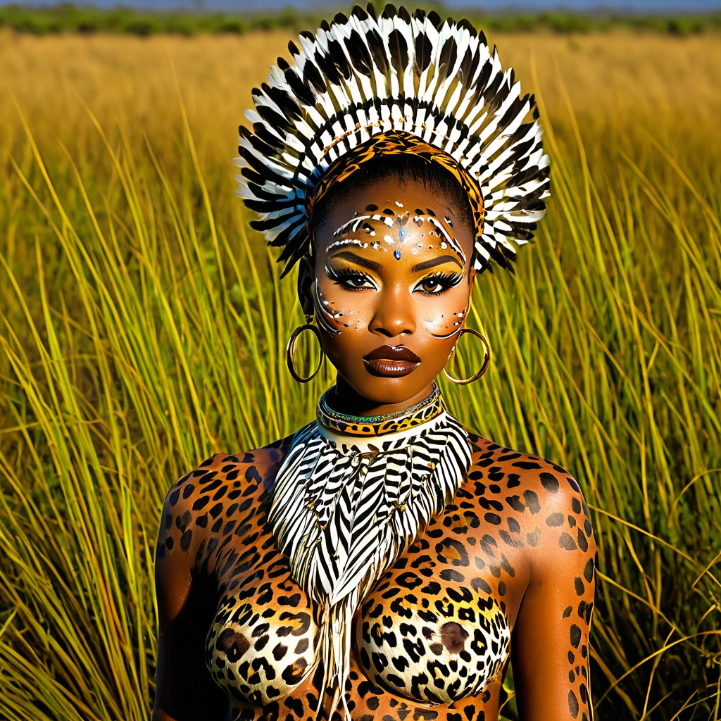 (sexy nubile women,african wildlife,day on the plains),beautiful detailed eyes,beautiful detailed lips,extremely detailed eyes and face,longeyelashes,[wild style:0.9],[vivid colors],[photorealistic:1.37],[best quality,4k,8k,highres,masterpiece:1.2],[concept artists],roaring lions in the background,leopard spots on one woman as her body paint,tiger stripes on another woman as her body paint,eagle feathers in the hair of one woman as an accessory,tropical flowers woven into another woman's hair as an accessory,[sunlight:0.9],[golden hour lighting],[natural elements],[lush grasslands],[stunning landscapes],[dynamic poses],each woman in unique African animal-inspired attire,[traditional African patterns],[distinctive animal features],[animalistic grace],safari-themed surroundings,blend of femininity and wildlife strength,[strong and independent],captivating and empowering,[elegant movement],[mysterious atmosphere],[ethereal beauty],[freedom and wilderness],[harmony with nature]