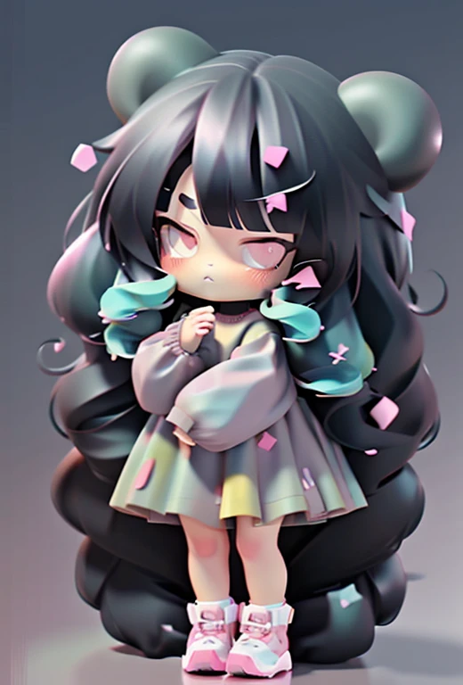 Black Hair，Bad mood，angry，gem，girl，Twin tails，Gradient Hair，Pink Eyes，boyish，Slime on the head，Fluffy Dress，Chibi，whole body，Bear Doll，gemを抱えてる，Curly perm，Big sneakers