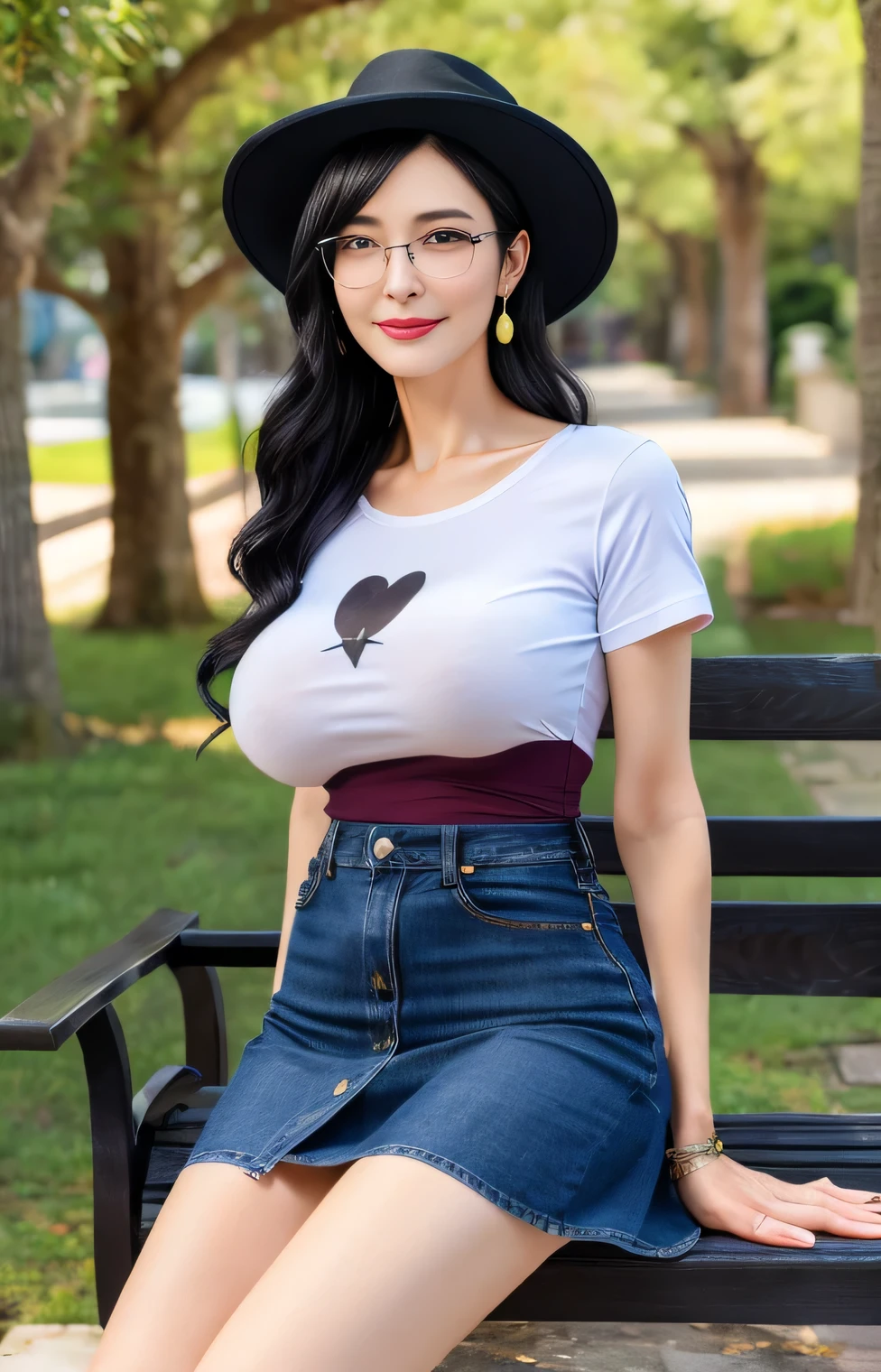 Professional, High level of detail, close up photo (attractive mature 45yo woman:1.3), wearing black hat, black hair,(anime t-shirt, long denim skirt, elegant)1.455,ray tracing, natural lighting, (seductive:1.1), (blushing:1.1 ), (classy, elegant, dandy)1.2, (round big breasts)1.2 (pokies)1.3, (toned body, hourglass body shape) (wipe hips), (full body with visible face and eyes)1.5, glasses, earnings, big tree, sit down at bench, crossed leg, shy smile, pink lips
