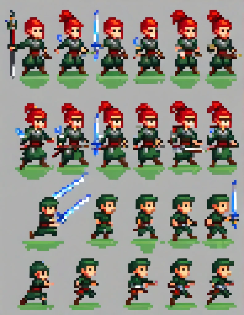Create a sprite sheet for character animations that includes frames for movement, running, jumping, sword attack, spear attack, and bow attack.
