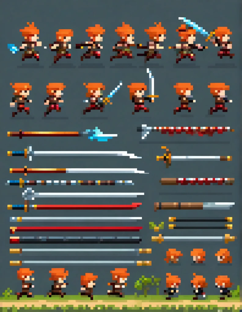 Create a sprite sheet for character animations that includes frames for movement, running, jumping, sword attack, spear attack, and bow attack.