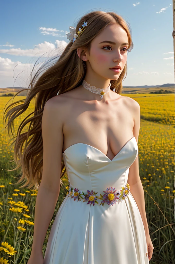 an awarded profesional photography of 1girl  Cherprang (pale white skin), beautiful hazel eyes,)  absurdly long hair  messy hair yellow  with hachimaki  with yugake pageant costume  jealous,she make adjusting her collar  corsage  in a on a wide, open prairie filled with wildflowers under a clear blue sky , in autumn Ray Harryhausen  Rim Lighting,(epic scene:1.3),ultradetialed character with perfect face,detailed skin,(ultrasharp:1.3),(masterpiece:1.1),best quality ,(photorealistic:1.2),ultrarealistic,realistic ultradetailed character,4k perfect quality,character focus,Magnificent,Imperceptible detail,Intricately designed, hotify