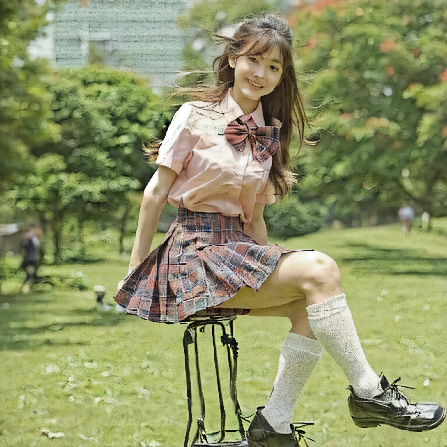 1girl, solo, long hair, smile, skirt, brown hair, shirt, bow, brown eyes, school uniform, full body, short sleeves, pleated skirt, outdoors, shoes, day, socks, bowtie, black footwear, blurry, plaid, kneehighs, blurry background, plaid skirt, black socks, pink shirt, sitting on a chair in the classroom, realistic, shirt tucked in