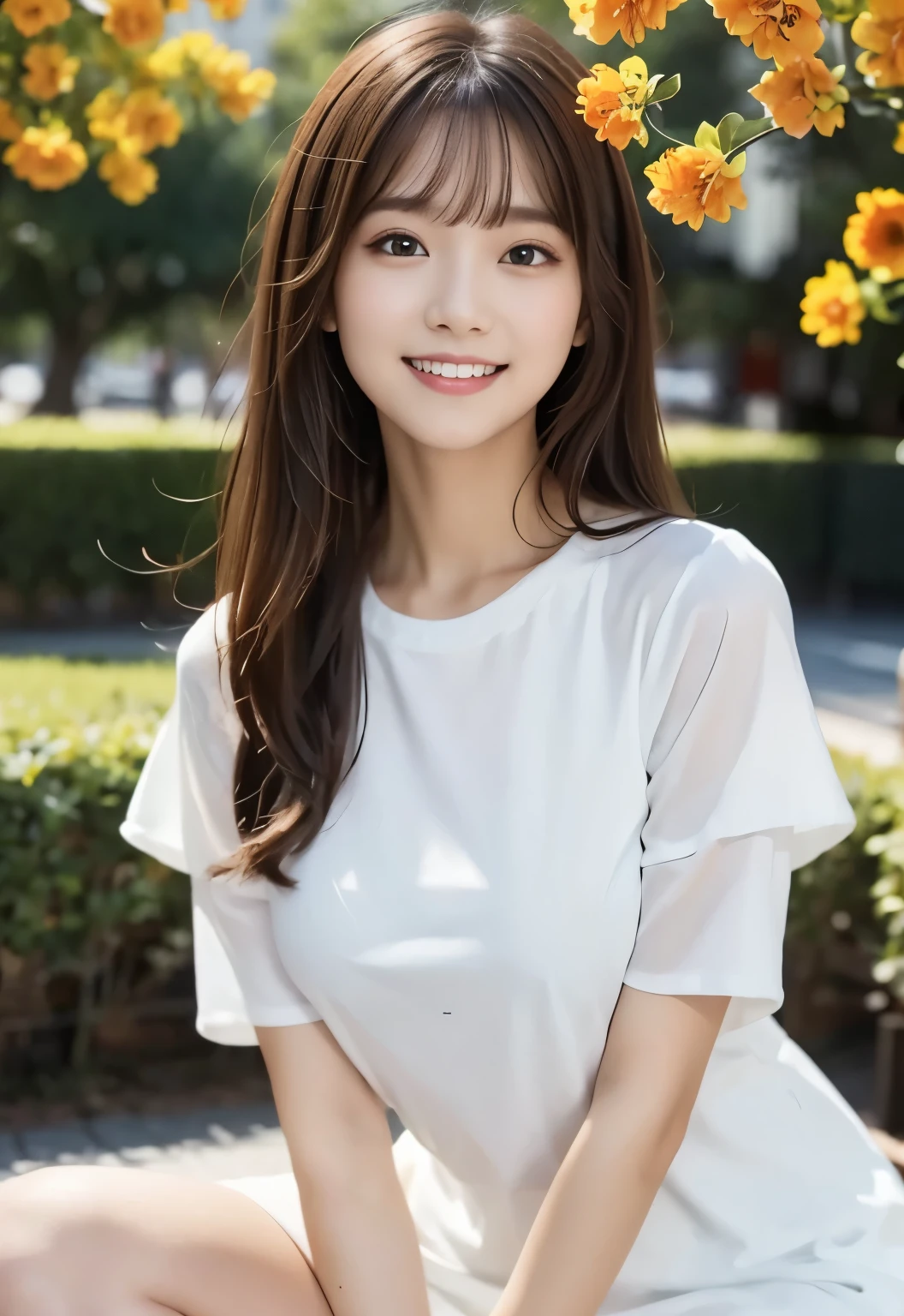 masterpiece, best quality:1.1), (8k, raw photo, photo realistic:1.2, f22), (shiny skin), detailed skin,long hair,detailed face, detailed eyes,smile,BREAK, real world, intricate details, smil, BREAK, 1girl, full body,(white,short sleeves dress)BREAK, (orange flower:1.4), BREAK