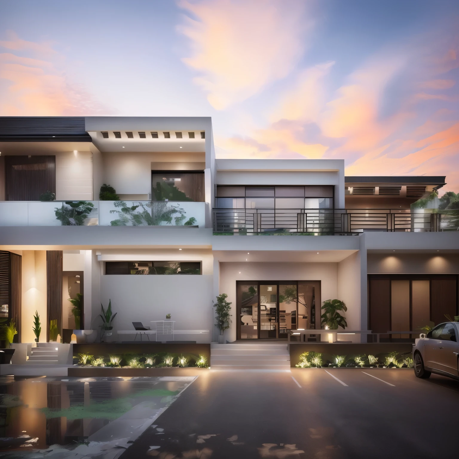 a rendering of a modern house with a car parked in front of it, Contemporary House, Overall architectural design, modern house, Exterior design, large modern residence, concept house, modern neo traditional, realistic architecture, modern style, Modern Architectural Design, Realistic style, Realistic 3D style, architectural rendering, modern neo traditional minimalist, Housing design, one house, Baan Somboon Parking, balcony  , deck , The limestone hill behind  