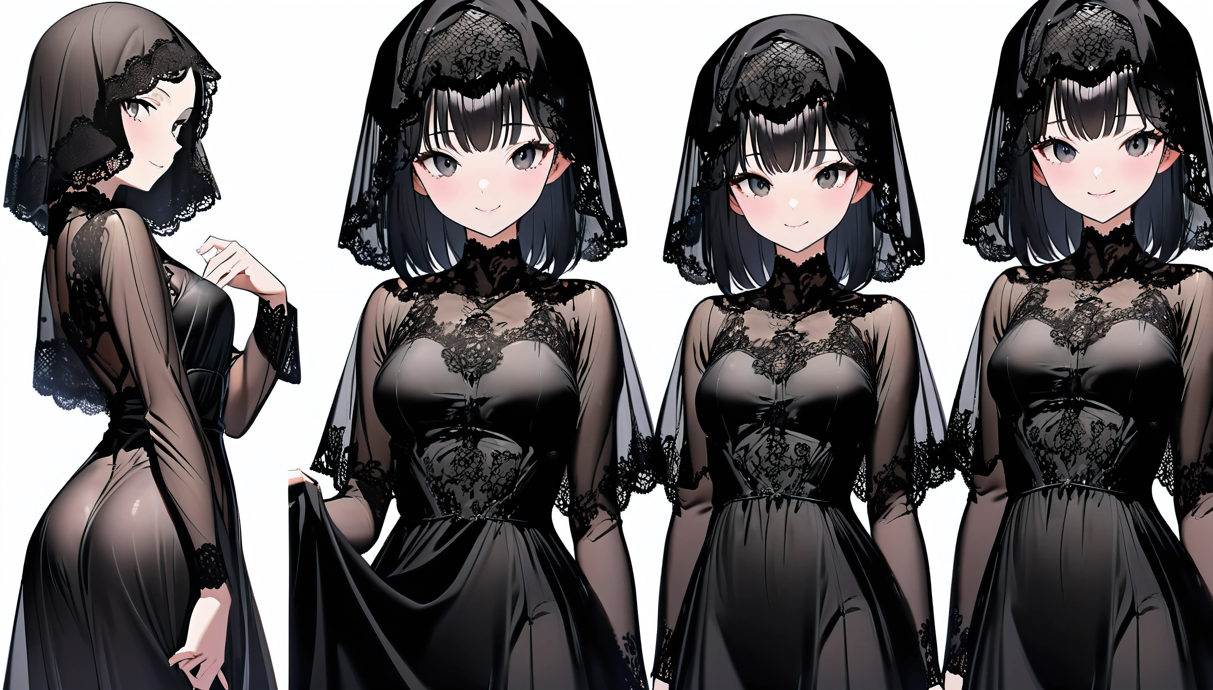 (Dramatic angle), (multiple views),1 very young little girl, simple background, (very young little girl was dressed in a (very large Transparent black silk dress and beauty lace black veil), with a black veil over her head, she have a beautiful appearance, her slender and beautiful figure), best clothes wrinkle, (smile to viewer)