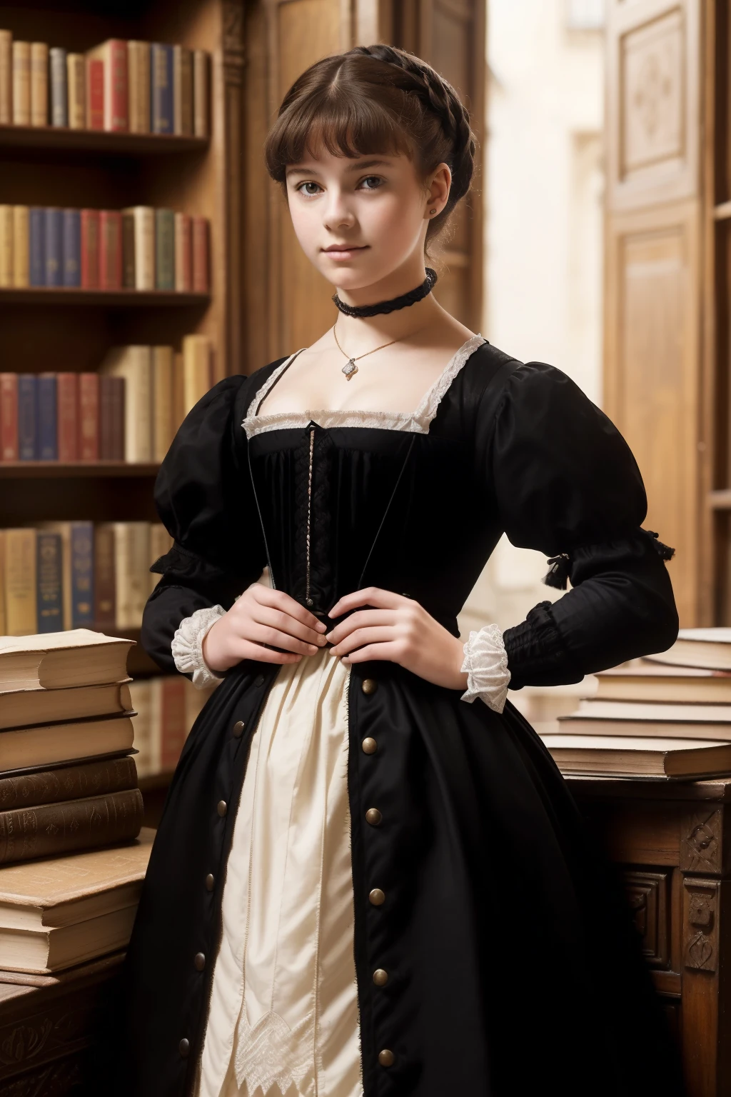 Paris, 1558. A young ((((17-year-old)) Sylvie Palot)), courageous, resilient, determined, in a book store, book seller, ((((simple clothings from the 1550s)))), ((black hairstyle of the 1550s)), colorful, realistic