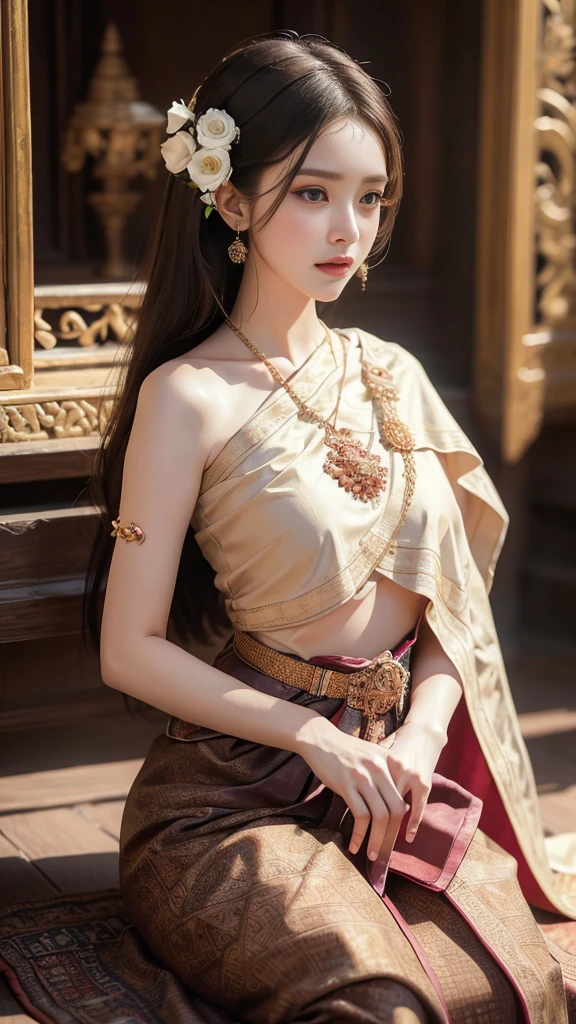 (raw photos:1.2), (realistic:1.4), (Masterpiece:1.3), (best quality:1.4), Ultra high resolution, (Detailed eyes), (Detailed facial features), (Detailed clothing features), HDR, 8K resolution, Focus only, Dressing according to Thai tradition, Traditional shawl , 1 woman , big breasts, A gigantic rift, big breastsดันเสื้อผ้า, big breast, The breasts are fully grown.., Make your breasts bigger.., small waist, Long legs, Facing the audience, Full body, depth of field, Cinema-grade lighting system, big breasts, Too big for your body, Revealing a flat stomach, The lower half of the chest can be seen.., sexy sitting position, Sitting on a palanquin, Image from a very low angle