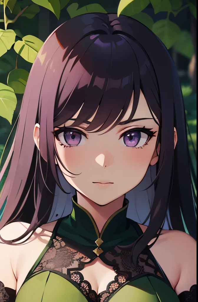 high res, highly detail, masterpiece, best quality, 35 year old girl game design with leaves, poison ivy style, green outfit, purple outfit, woman of nature, standing straight, forest background, full complex unique clothes, long purple straight hair, sleeveless purple lace arm sleeve