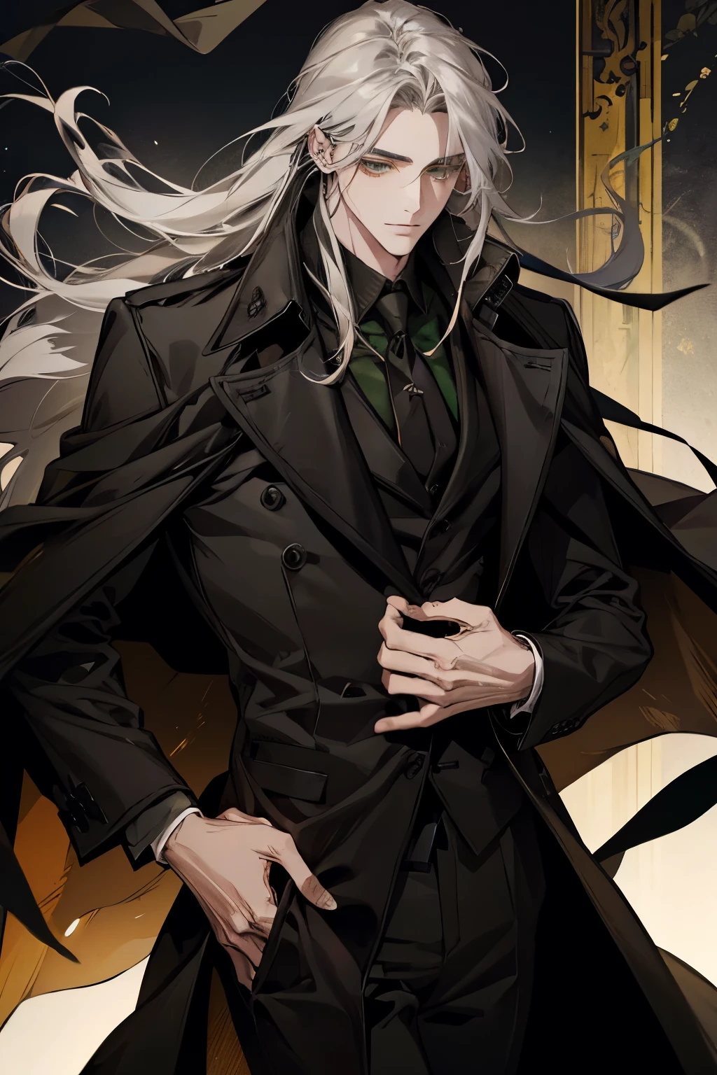Gray long hair，Green eyes，earring，man，成年man，Black suit，Long black trench coat，handsome guy，Emerald ornaments