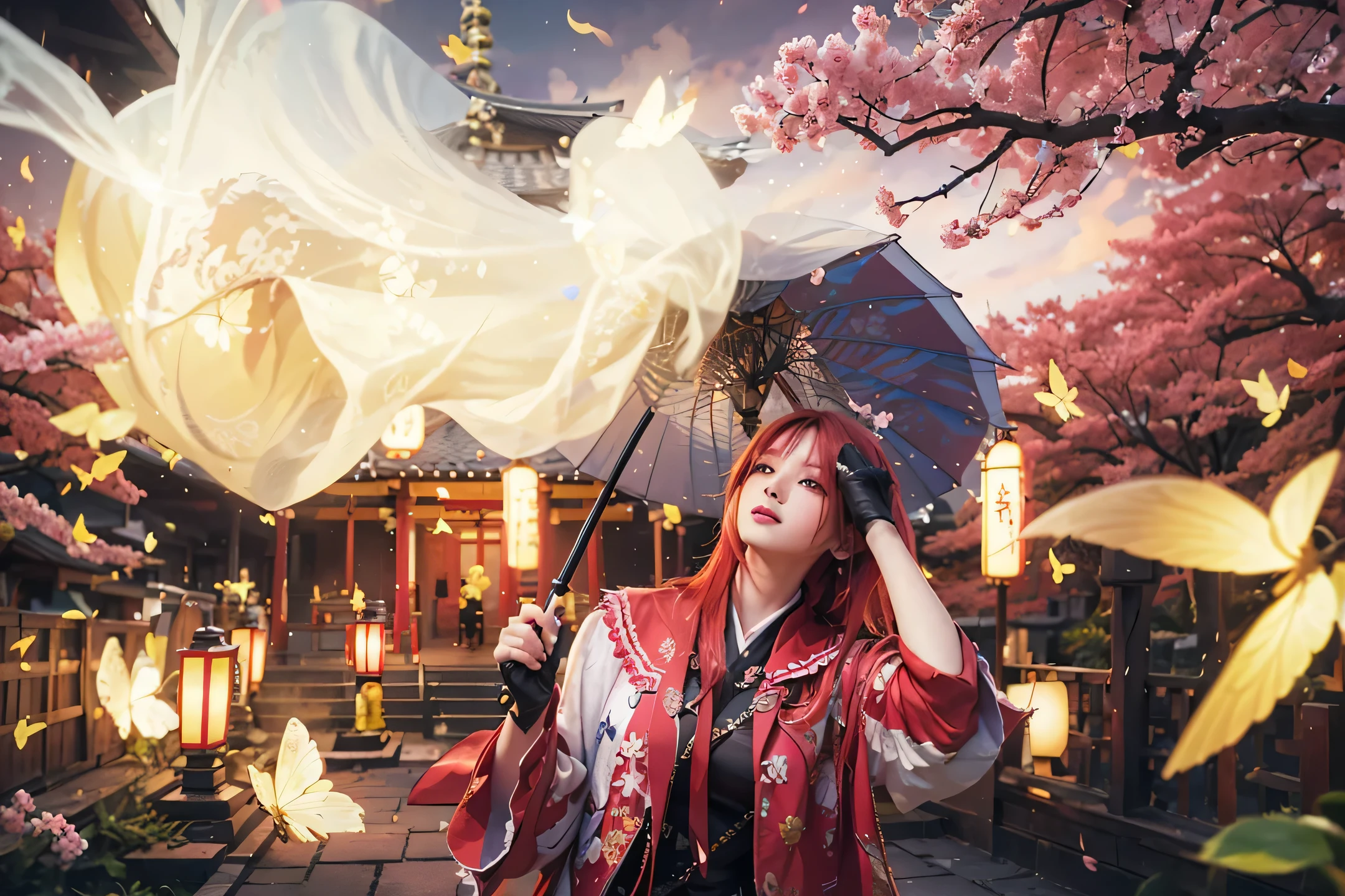 ( KAGURA SKIN EXORCIST_MOBILE LEGEND GANG BANG),((realistic, photorealistic)),(highlight hair)), Light reflection, (( HD )),((upper body)), (((best quality, masterpiece))), (masterpiece) (best quality) (detail) (8k) (HDR) (wallpaper) (cinematic lighting) (sharp focuasterpiece, best quality: 1.1), Real life adaption of this character, Asian beauty face, Shining Purple eyes, realistic outfit, realistic shadow, realistic light, realism, hyper realistic, realistic background,(photorealistic:1.2), 1girls,Background of Japanese temple with Sakura trees, red hair flying, blending, yellow shining butterflies, holding an umbrella, black gloves,The female spirit floats, the smoke of the spirit,