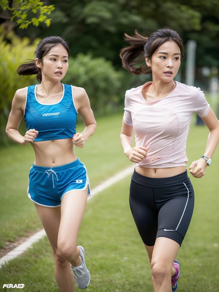 ((Top Quality)), ((8K)), ((Masterpiece: 1.3)), (Perfect Appearance), (Photorealism: 1.6), (Japanese woman jogging: 1.6), (clear background), (Beautiful jogging form with a straight spine), (running with one's back straight), (Landscape orientation), japanese woman, (48 years old), ((Standing upright, facing forward, center of screen)), ((Realistic skin texture)), (Fine wrinkles throughout the skin: 1.3), (Dull skin: 1.1), (Skin without moisture: 1.2) , (Wrinkles on the face: 0.9), (Wrinkles on the corners of the eyes: 1.2), Double eyelids, tear bags on the lower eyelids, (Crying moles: 0.9), The gaze is directed here, (Dimples: 1.2), straight medium length, ponytail, hair blowing in the wind, Sun visor, Functional T-shirt that fits your body perfectly, T-shirt damp with sweat, running tights and shorts, running shoes, running towards here, center of screen, (whole body),