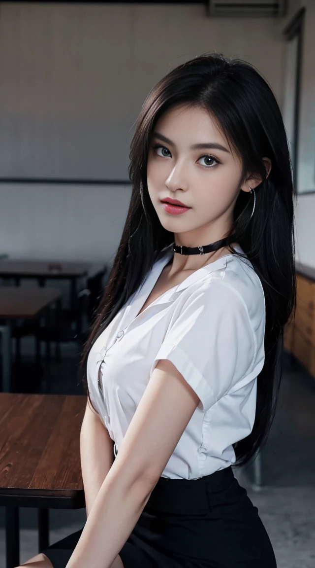 (Masterpiece, best quality, alone, รายละเอียดที่complex, Chromatic aberration), realistic, ((Moderate breath)), hair in one eye,purple eyes, Round hoop earrings 8 cm., sharp eyes, choker, (symmetrical eyes),(Perfect symmetrical body),Photo of a beautiful 21 year old age girl,(fit the body), Beautiful and charming with contemporary fashion paintings as well., looking at the audience, ((In the background classrooms total 200 seats.)), (black short skirt), (Wear a white, fitted, short-sleeved shirt., Unbuttoning the buttons, Revealing a little breast..), ((The doctor's blue coat was short-sleeved and fitted.)),((A short black pencil skirt with a deep slit on the side..)), sugar belt, ((Put your hands down.)),Blue blonde hair, Bob, long hair, Lateral smoothness,round chin, Art lens 85mm, Sharp focus, High resolution 8K, Crazy details, complex, elegant,sitting on the study table Lift one leg to eye level., legs slightly apart.,dynamic gesture,Small
