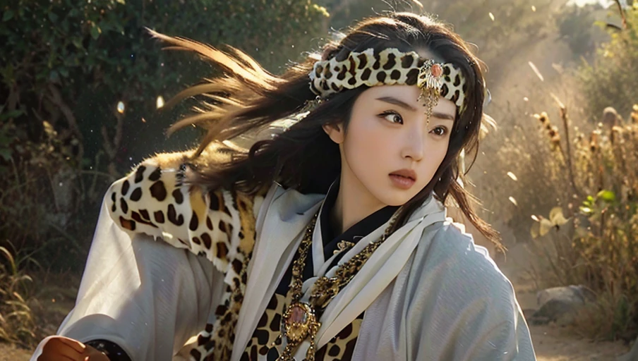 1girl,shangguanyan,nvshenlong,Chinese woman,leopard print headdress,gold pendant,(solo:2),holding weapon,Desert background,Flying sword, (masterpiece:1.2), best quality, highres,extremely detailed CG,perfect lighting,8k wallpaper,photograph, photorealistic,, best quality , masterpiece, illustration, an extremely delicate and beautiful, extremely detailed ,CG,unity,8k wallpaper, Amazing, finely detail, masterpiece, best quality,official art,extremely detailed CG unity 8k wallpaper,absurdres, incredibly absurdres, huge filesize , ultra-detailed, highres, extremely detailed,beautiful detailed girl, extremely detailed eyes and face, beautiful detailed eyes,light on face,