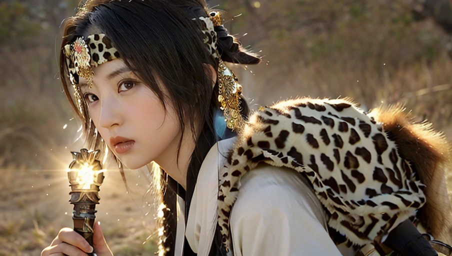 1girl,shangguanyan,nvshenlong,Chinese woman,leopard print headdress,gold pendant,(solo:2),holding weapon,Desert background,Flying sword, (masterpiece:1.2), best quality, highres,extremely detailed CG,perfect lighting,8k wallpaper,photograph, photorealistic,, best quality , masterpiece, illustration, an extremely delicate and beautiful, extremely detailed ,CG,unity,8k wallpaper, Amazing, finely detail, masterpiece, best quality,official art,extremely detailed CG unity 8k wallpaper,absurdres, incredibly absurdres, huge filesize , ultra-detailed, highres, extremely detailed,beautiful detailed girl, extremely detailed eyes and face, beautiful detailed eyes,light on face,